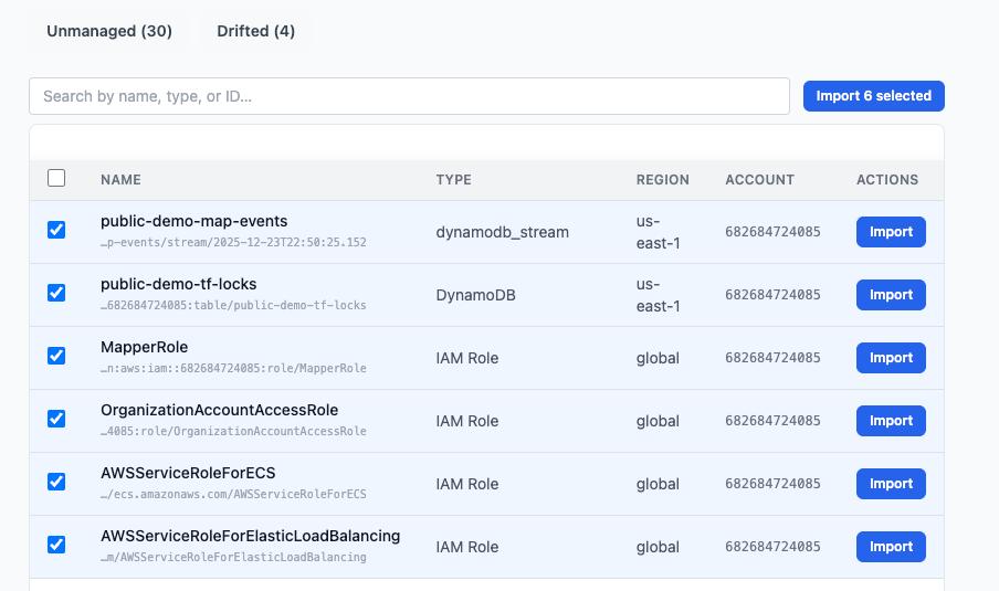 Unmanaged AWS resources list in Beamreach Compass with checkboxes and Import buttons